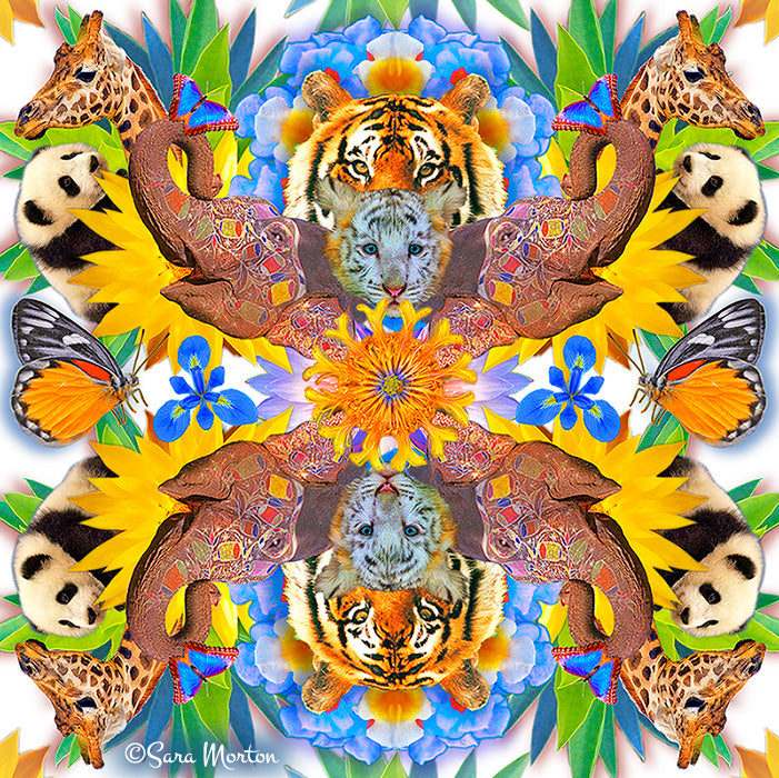 Kaleidoscope Collage art print of animals including giraffes, tigers, and pandas with colorful flowers and butterflies. Jungle theme. 