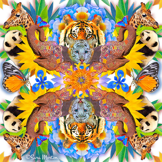 Kaleidoscope Collage art print of animals including giraffes, tigers, and pandas with colorful flowers and butterflies. Jungle theme. 