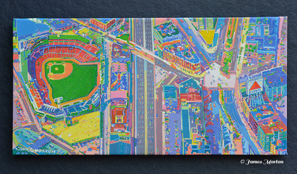 Front view of Boston painting print on canvas featuring Kenmore Square, Fenway Park aerial view, 20x10 wall art 