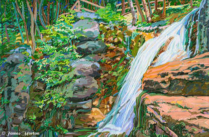 Franconia Cascade acrylic painting of Flume Gorge in New Hampshire, showing a narrow vertical waterfall framed by granite rocks and forest vegetation