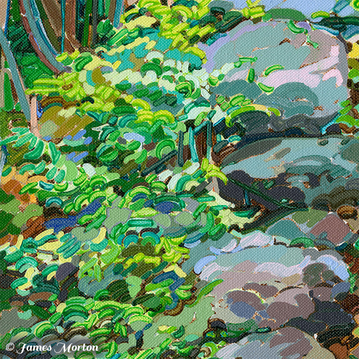 Close-up of stacked granite boulders and trailside forest vegetation from Franconia Cascade acrylic painting, highlighting canvas texture and brushwork.
