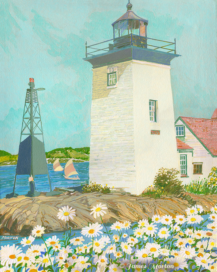 Gilkey Lighthouse painting showing Grindle Point Lighthouse on Islesboro Island Maine with keeper's house, skeleton tower and coastal landscape with sailboats & flowers