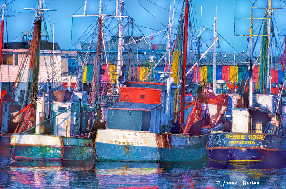 Gloucester harbor art print with fishing boats, rigging, and red-blue-green marina building at Old Fisherman’s Wharf.