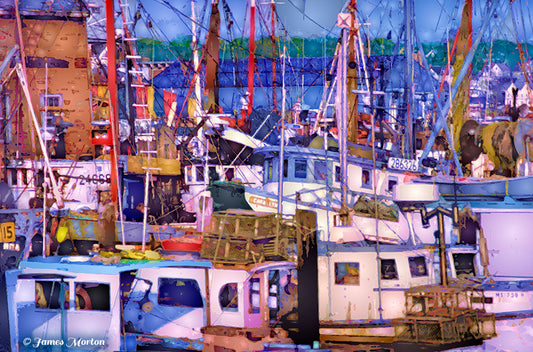 Fishing boats art print of Gloucester harbor with lobster boats, traps, masts, and blue boathouse at Old Fisherman’s Wharf.