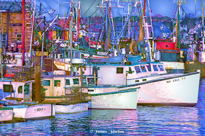 Twilight Gloucester harbor art print with white fishing and lobster boats, masts, and blue boathouse at Old Fisherman’s Wharf.