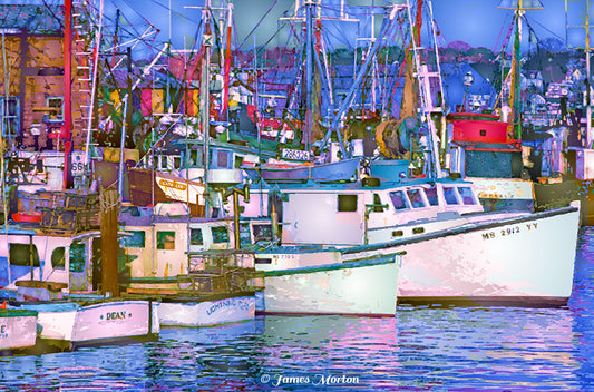Twilight Gloucester harbor art print with white fishing and lobster boats, masts, and blue boathouse at Old Fisherman’s Wharf.