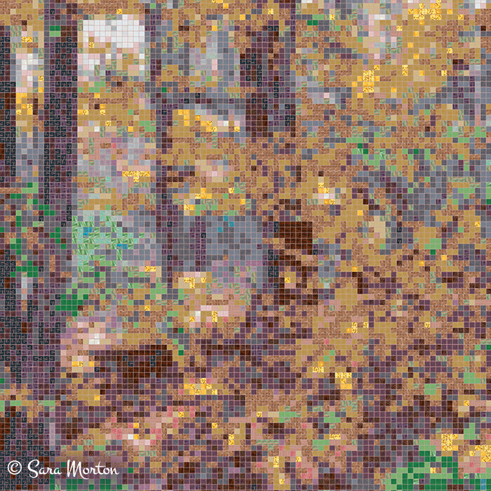 Mosaic art of an autumn forest scene with trees and detail of glass tile images.