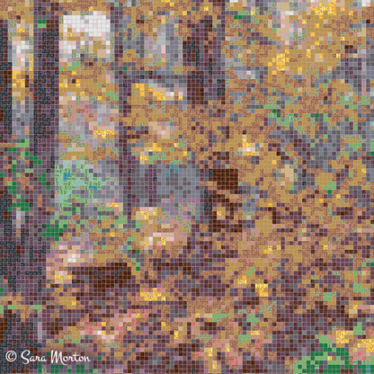 Mosaic art of an autumn forest scene with trees and detail of glass tile images.