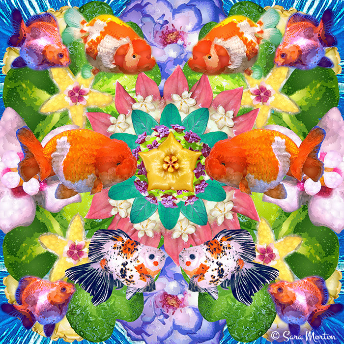 Kaleidopscope Collage Art print with goldfish and flowers, featuring vibrant colors and a central yellow flower.