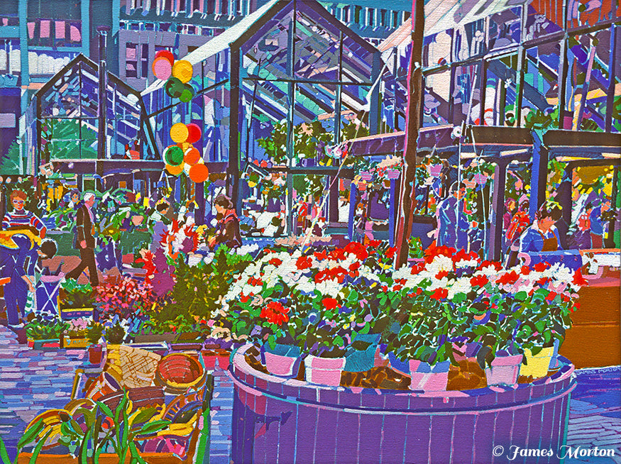Painting of Quincy Market greenhouses at Boston Faneuil Hall Marketplace with flower vendors and shoppers 
