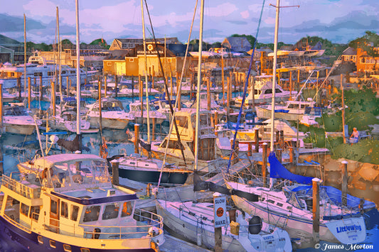 Cape Cod Art Print of Hyannis Marina with numerous boats docked at sunset
