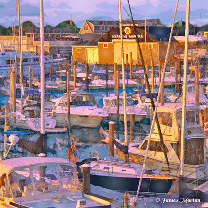 Hyannis Marina in Cape Cod MA with boats docked during sunset. Fine Art Print, detail view 