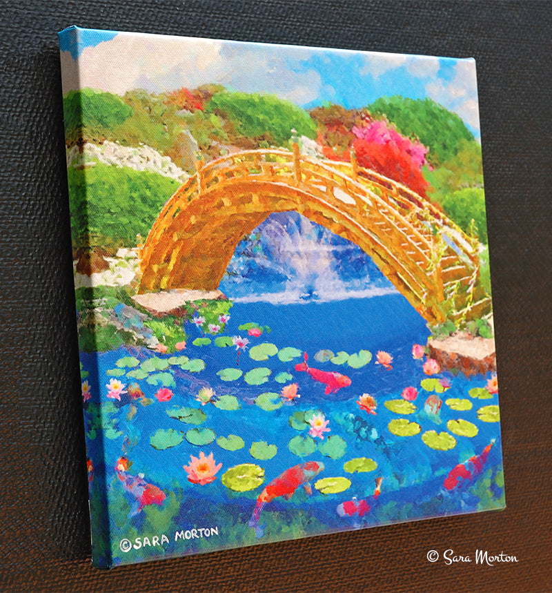 Left angle view of Koi Bridge canvas giclée print, featuring Japanese garden koi pond and arched bridge.