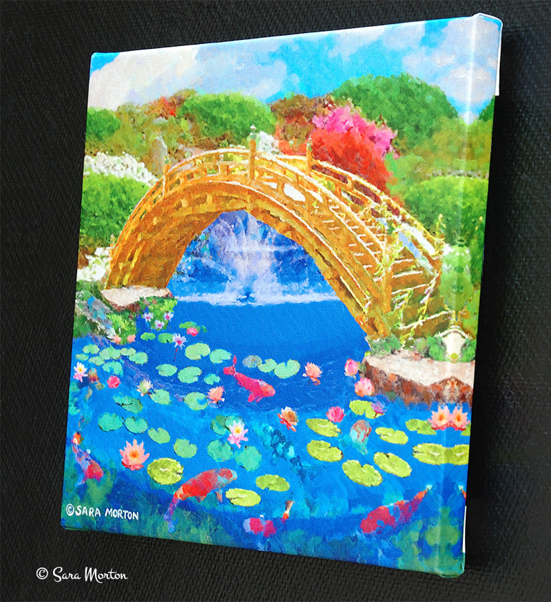 Right side view of Koi Bridge stretched canvas print showing image wrap and koi pond artwork details