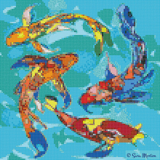 Digital mosaic art titled “Koi Carousel Two” featuring four colorful butterfly koi swimming in swirling teal-blue water, created by artist Sara Morton. 