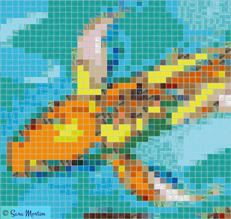Close-up of yellow butterfly koi fish head from “Koi Carousel Two” digital mosaic, highlighting marbled texture, glass-tile reflections, and teal-blue background by Sara Morton. 