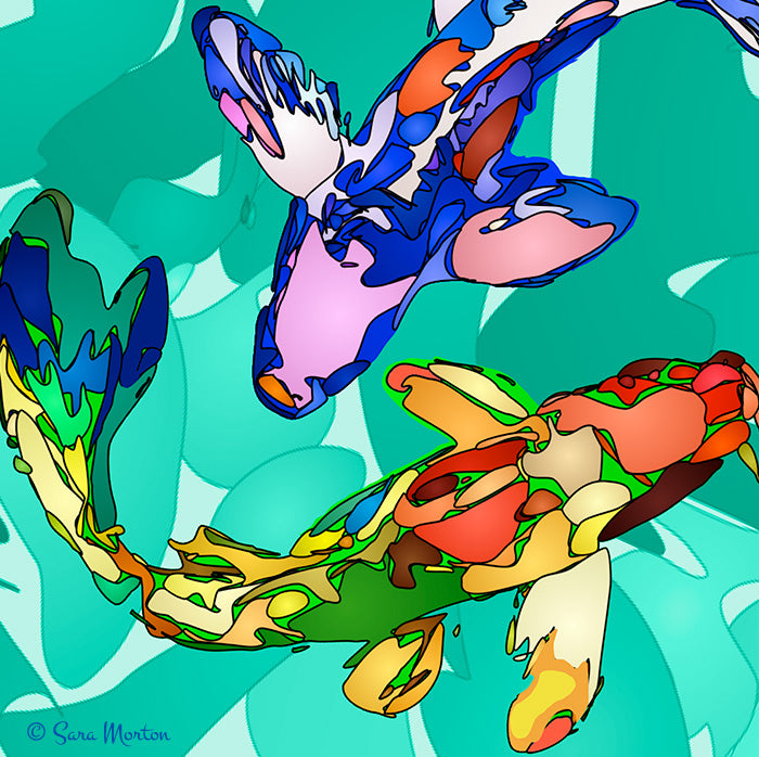 Detail of Koi Carousel showing two koi fish with visible linear and abstract graphic technique