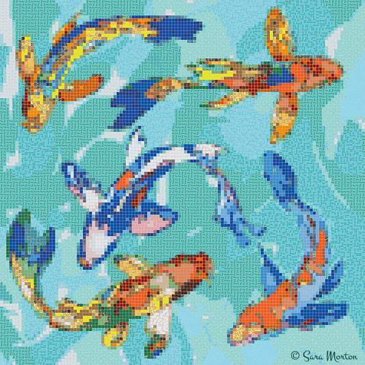 Digital mosaic artwork titled “Koi Carousel” featuring five colorful butterfly koi swimming in teal-blue water, created by artist Sara Morton. 