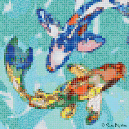 Close-up detail of Koi Carousel Mosaic showing two koi fish with flowing fins, glass-tile texture, and swirling teal-blue water by Sara Morton.