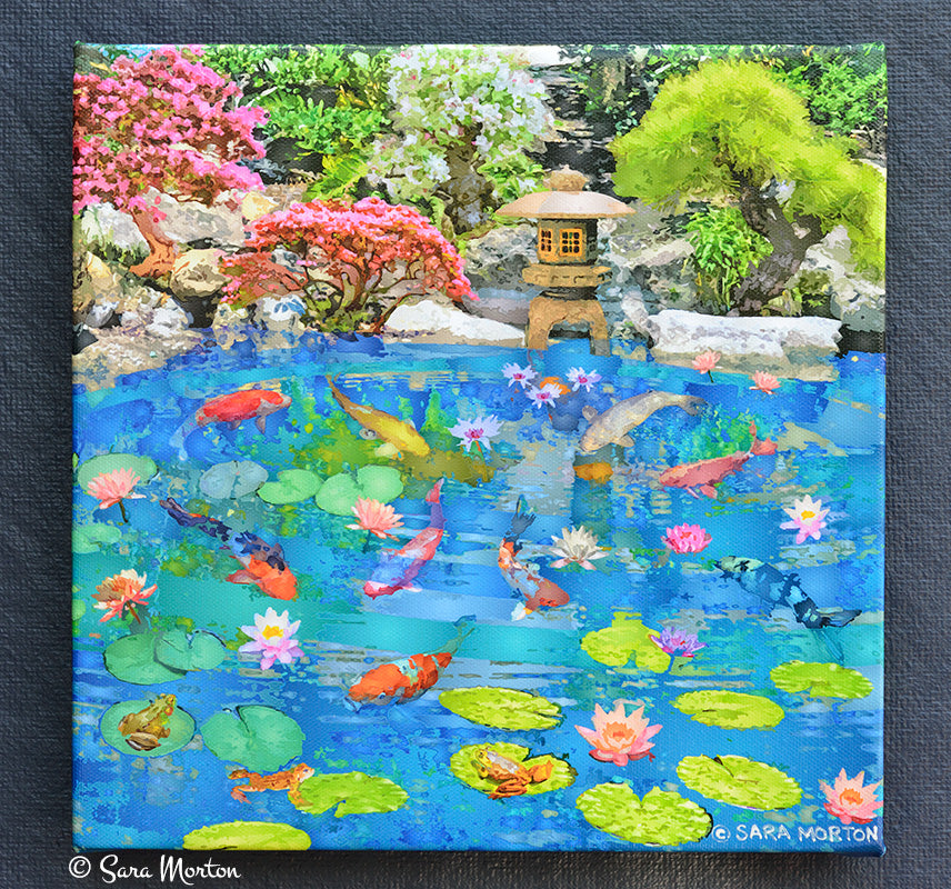 Koi Fish Water Garden Art - Stretched Canvas Print 10in x 10in - Ready to Ship