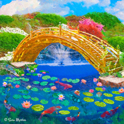 Koi Bridge painting of Japanese garden with arched wooden bridge over koi fish pond and blooming water lilies.  Artist Sara Morton 