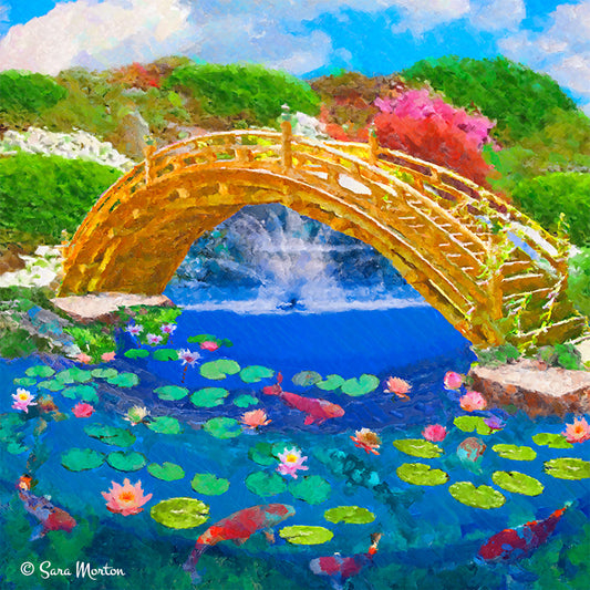 Koi Bridge painting of Japanese garden with arched wooden bridge over koi fish pond and blooming water lilies.  Artist Sara Morton 