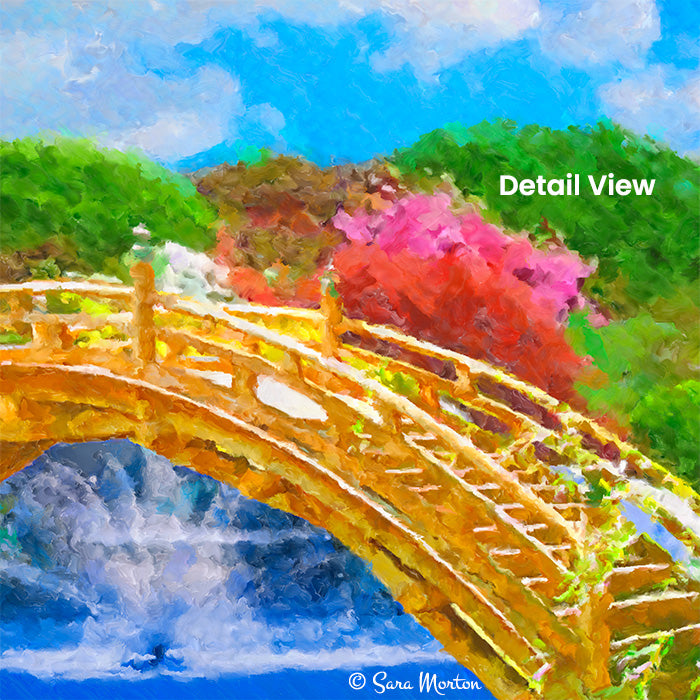 Detail of Koi Bridge painting highlighting the golden arched bridge, flowering trees, and soft clouds in the Japanese garden