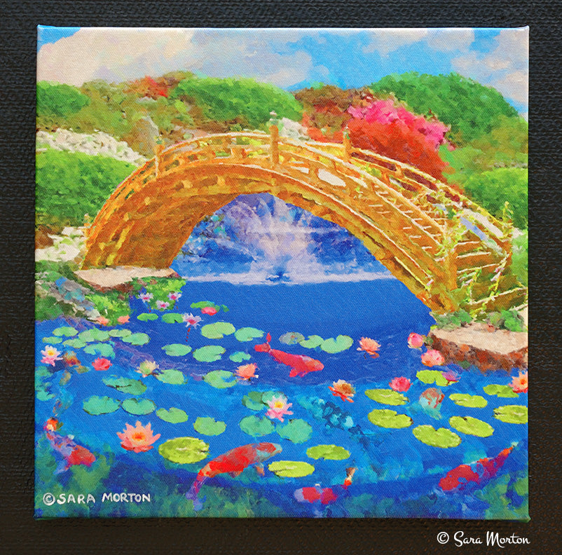 Front view of Koi Bridge 12x12 inch canvas Giclée print Japanese garden scene with koi pond and bridge. Artist Sara Morton