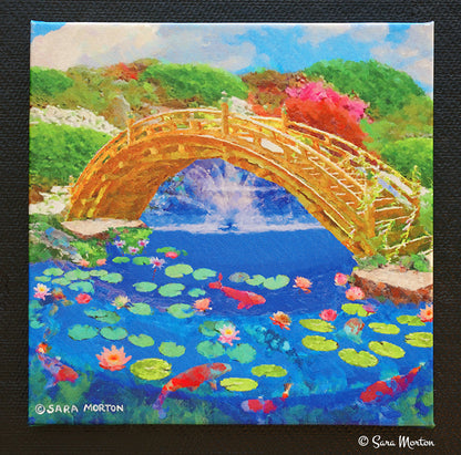 Front view of Koi Bridge 12x12 inch canvas Giclée print Japanese garden scene with koi pond and bridge. Artist Sara Morton