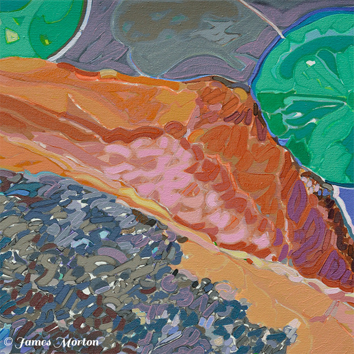 Brushwork detail of Lady Lake painting – textured boulder, rippling water, and layered lily pad strokes in acrylic fine art.