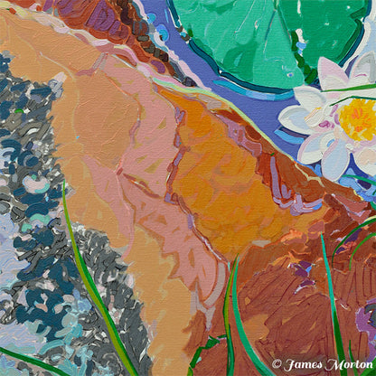 Detail of Lady Lake painting showing white water lily, green lily pad, and textured sloping boulder reflected in calm pond water.