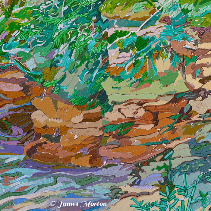 Close-up texture detail of acrylic painting with flume water, granite rock wall, and lush forest plants in Flume Gorge.