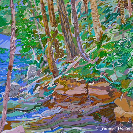 Detail of Flume Gorge acrylic painting showing flowing blue water, rocky ledge edge, and forest trees along the trail.