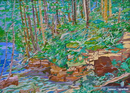 Ledge at Flume Trail acrylic painting of Flume Gorge in New Hampshire, showing trees on a rocky ledge above blue flume water.