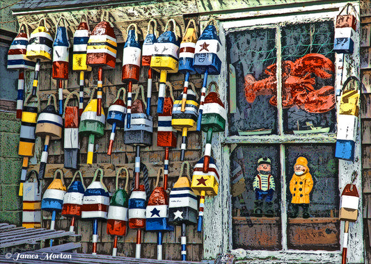 Rustic Lobster Buoys beside a window at Roy Moore Lobster Company in Rockport, MA. Digital Woodcut Art Print by Artist James Morton.