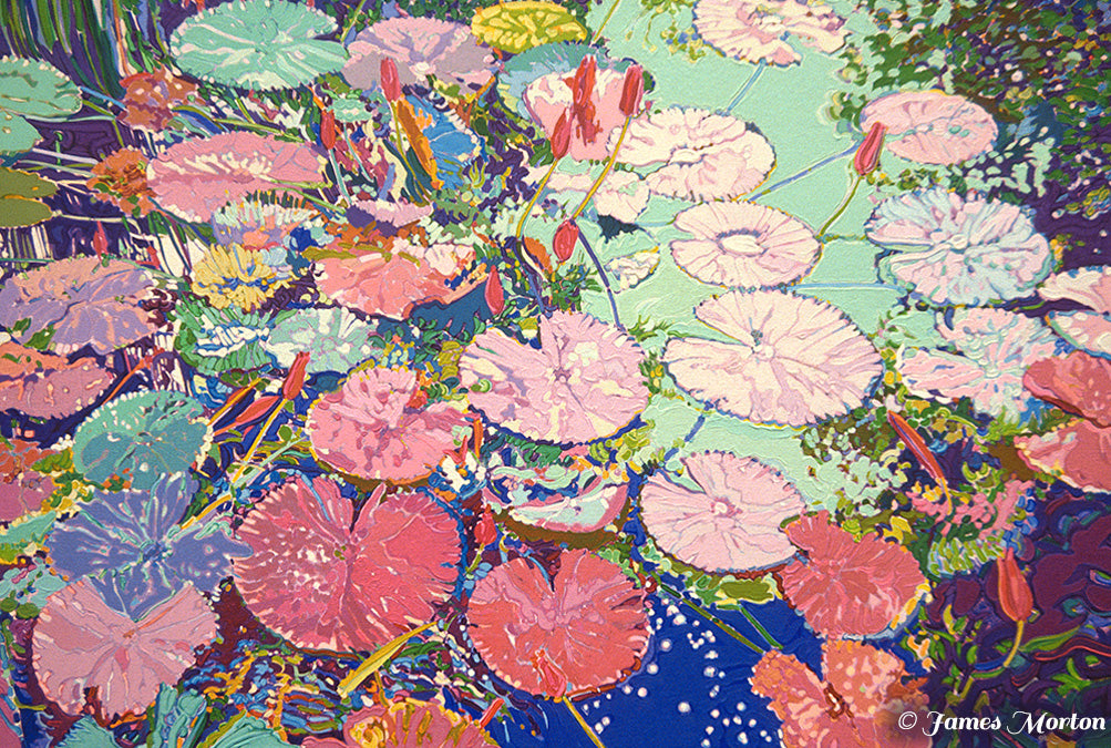 Luminous Lilies painting depicting colorful lily pads and closed water lily buds on a reflective pond surface.