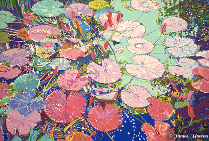 Luminous Lilies painting depicting colorful lily pads and closed water lily buds on a reflective pond surface.