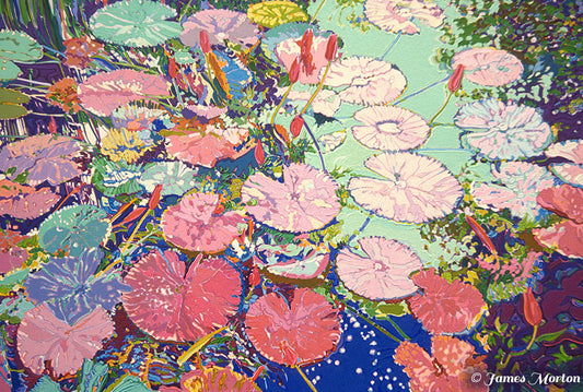 Luminous Lilies painting depicting colorful lily pads and closed water lily buds on a reflective pond surface.