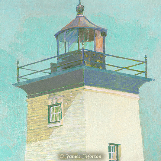 Detail of Grindle Point Lighthouse painting top lantern room from Maine coastal painting by Artist James Morton. Gilkey Light, Islesboro Maine