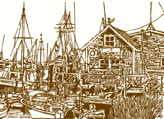 Menemsha Bay Martha's Vineyard woodcut art print. Features fishing boats on the left and boathouse on the right. Prints on watercolor paper and canvas in multiple sizes. Made in Massachusetts by Artist James Morton. Brown and white linear design. 