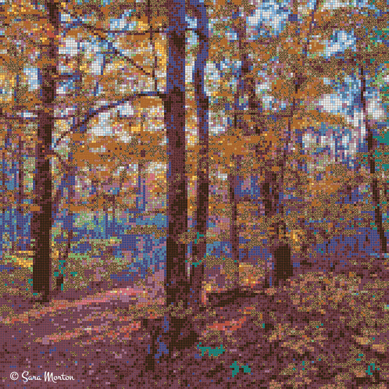 Misty Woods New England autumn forest mosaic art print featuring golden ochre leaves and plum shadows on trees and ground