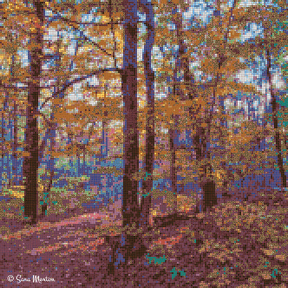 Misty Woods New England autumn forest mosaic art print featuring golden ochre leaves and plum shadows on trees and ground