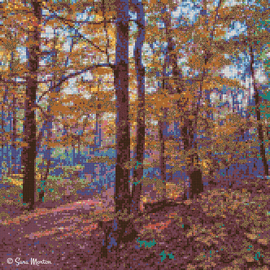 Misty Woods New England autumn forest mosaic art print featuring golden ochre leaves and plum shadows on trees and ground