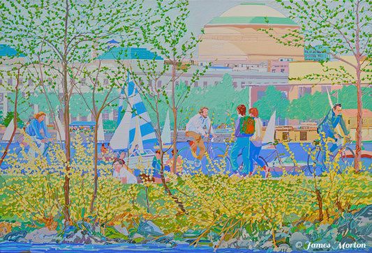 Painting of Cambridge skyline with MIT Great Dome, Charles River sailboats, and cyclists and walkers on the Boston-side bike path 