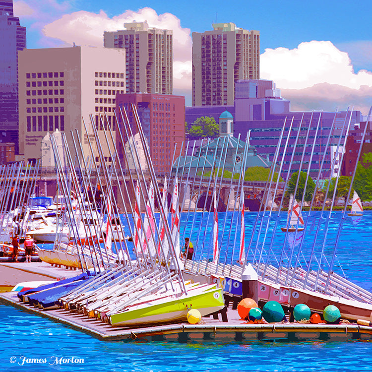 MIT Sailing Pavilion art print with colorful sailboats on the Charles River in Boston, featuring Longfellow Bridge and Boston city skyline