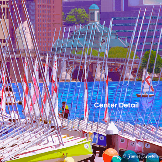 Close-up of MIT Sailing Pavilion sailboats on the Charles River with Boston skyline, Liberty Hotel, and Longfellow Bridge in background.