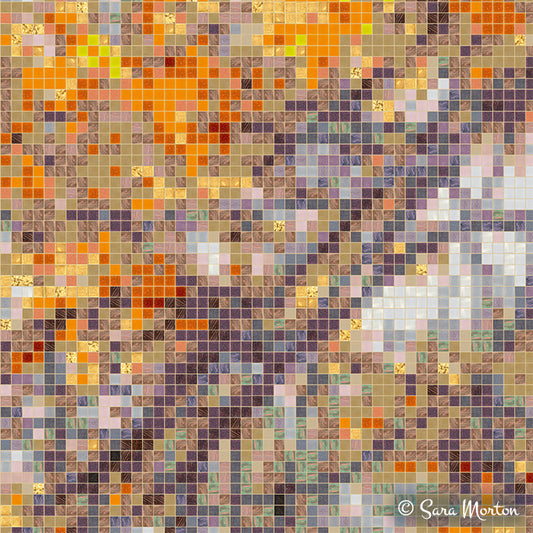 Close-up detail of glass tile mosaic squares showing intricate texture and glistening color variation in orange, amber, and brown tones that form the autumn tree artwork