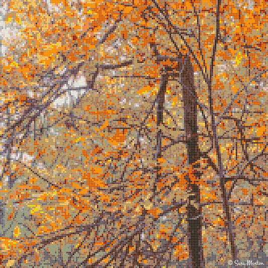 Digital mosaic art print of an orange autumn tree with vibrant fall foliage created from colorful glass tile square photos in warm oranges, yellows, and earth tones
