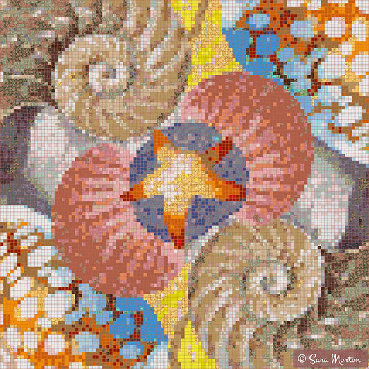 Nautilus star digital mosaic art print featuring seashells and starfish in warm beige, pink, and golden tones