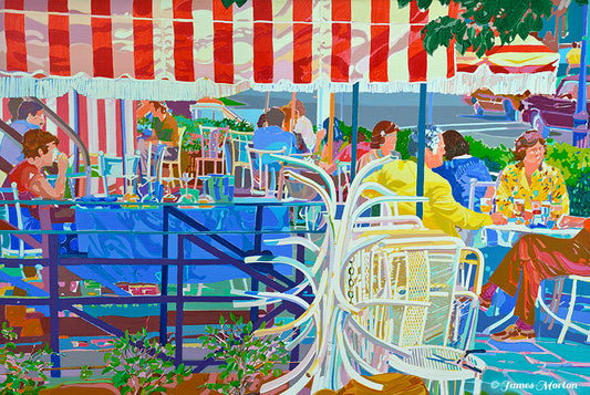 Boston Newbury Street Restaurant painting. Colorful outdoor cafe scene with people sitting at tables under a red and white striped awning.